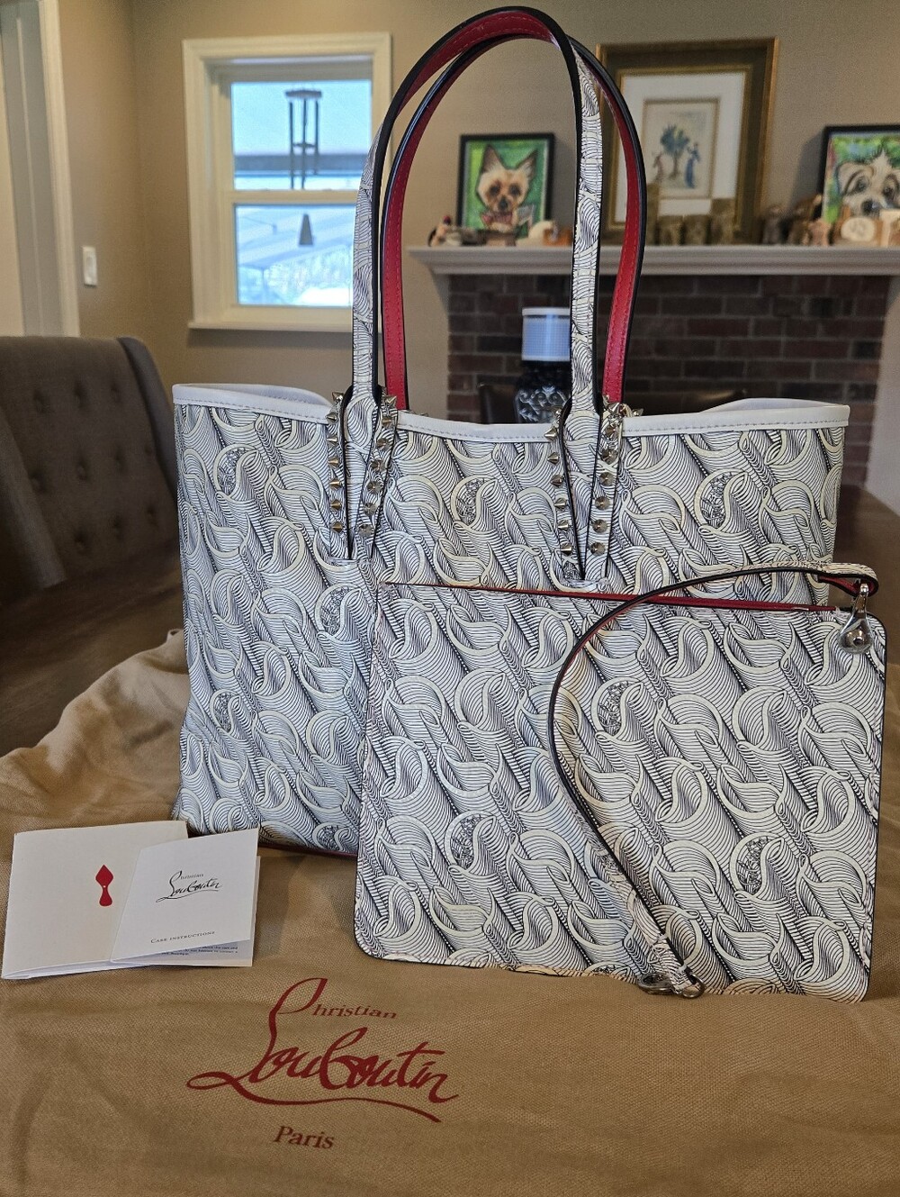RARE CHRISTIAN LOUBOUTIN SMALL CABATA WHITE-BLACK TOILE MONOGRAM TOTE
